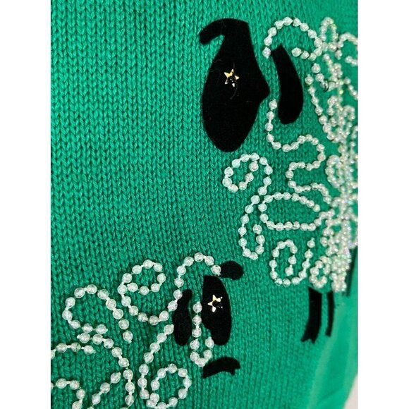 Herman Geist Sweater Women L Green Polka Dot Beaded Sheep Novelty Neutral Retro - Picture 7 of 11